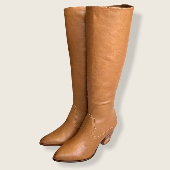 $458 RARE Frye Reed Chevron Heel Cognac Leather Tall Knee High Winter/Fall Boots - Picture 8 of 16